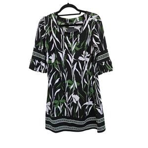 Womens Floral Leaf Print Dress Medium Black Green Tropical Striped Jersey Mini
